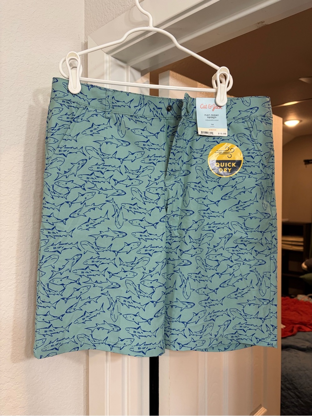 Cat & Jack Teal Swim Trunks with Navy Shark Print
